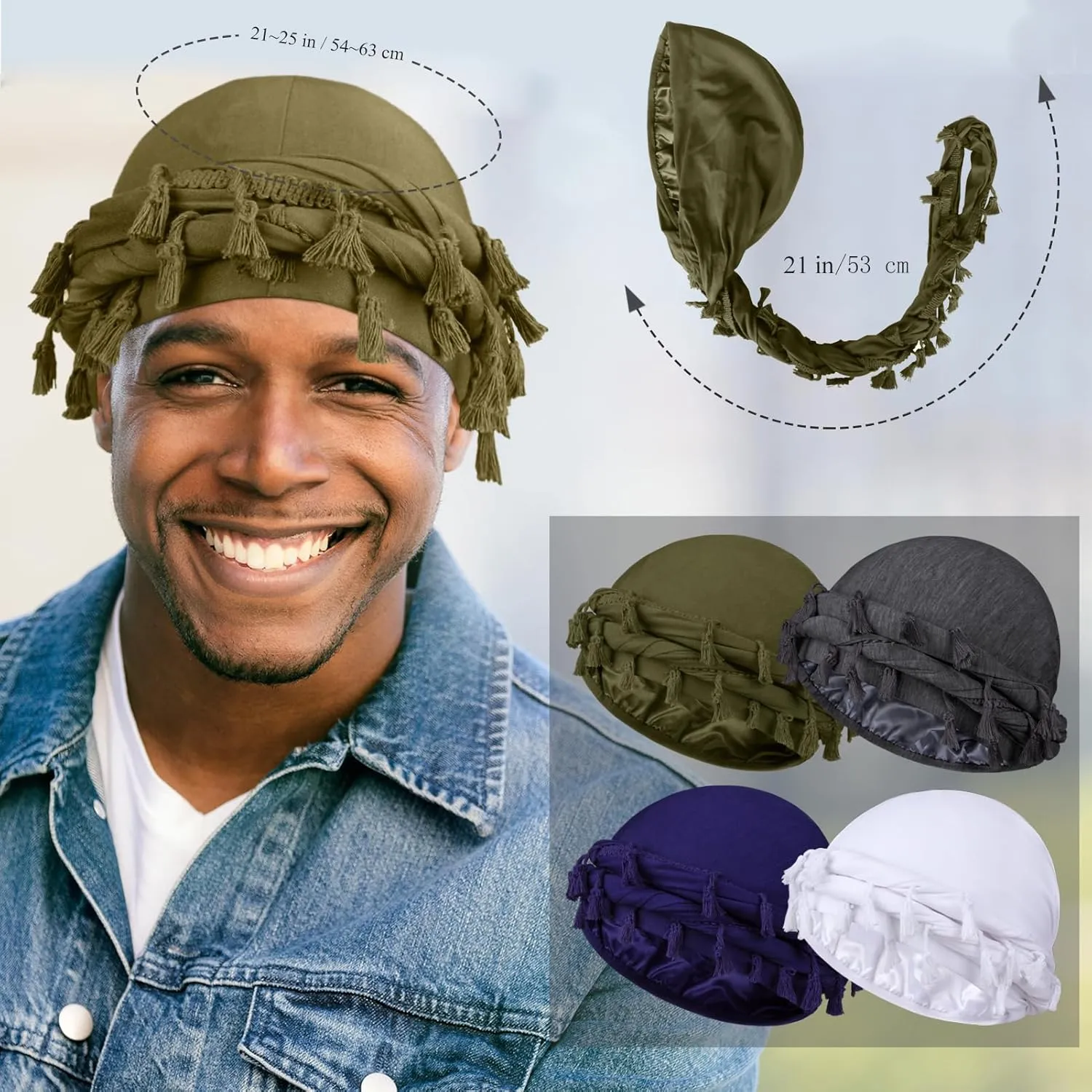 4 Pieces Satin Lined Turban Silky Head Wraps for Men, Halo Turban Mens Turban Head Scarf for Hair