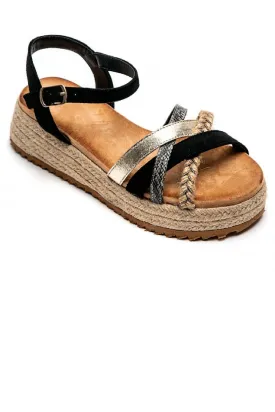 BLACK STRAPPY LOW WEDGE ESPADRILLE RAFFIA SANDALS SHOES