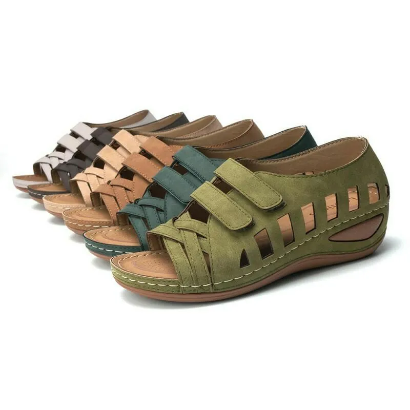 Chicvane Open Toe Hollow Hook & Loop Wedge Sandals