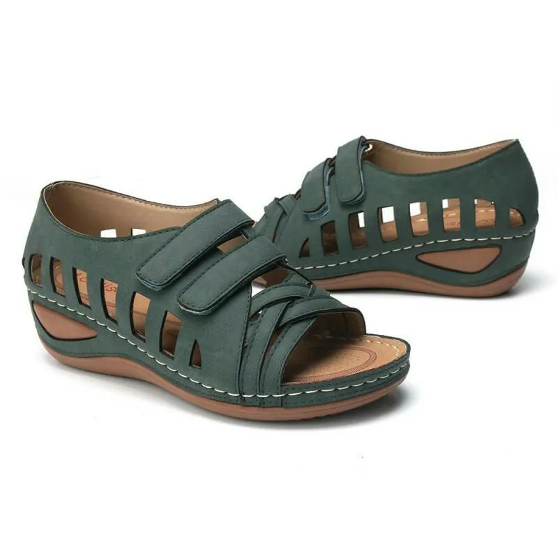 Chicvane Open Toe Hollow Hook & Loop Wedge Sandals