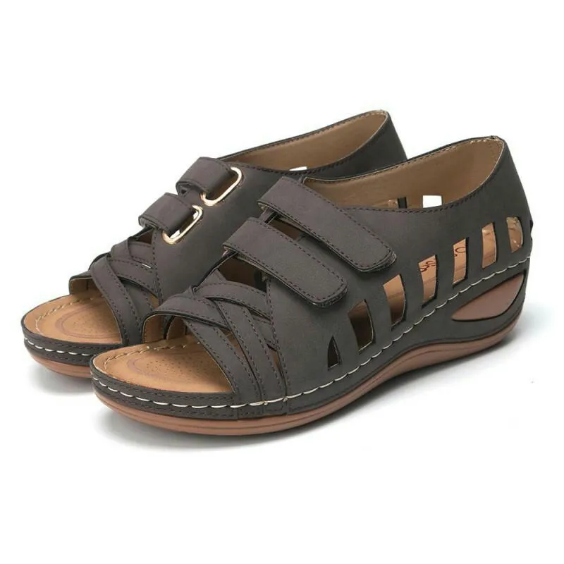 Chicvane Open Toe Hollow Hook & Loop Wedge Sandals