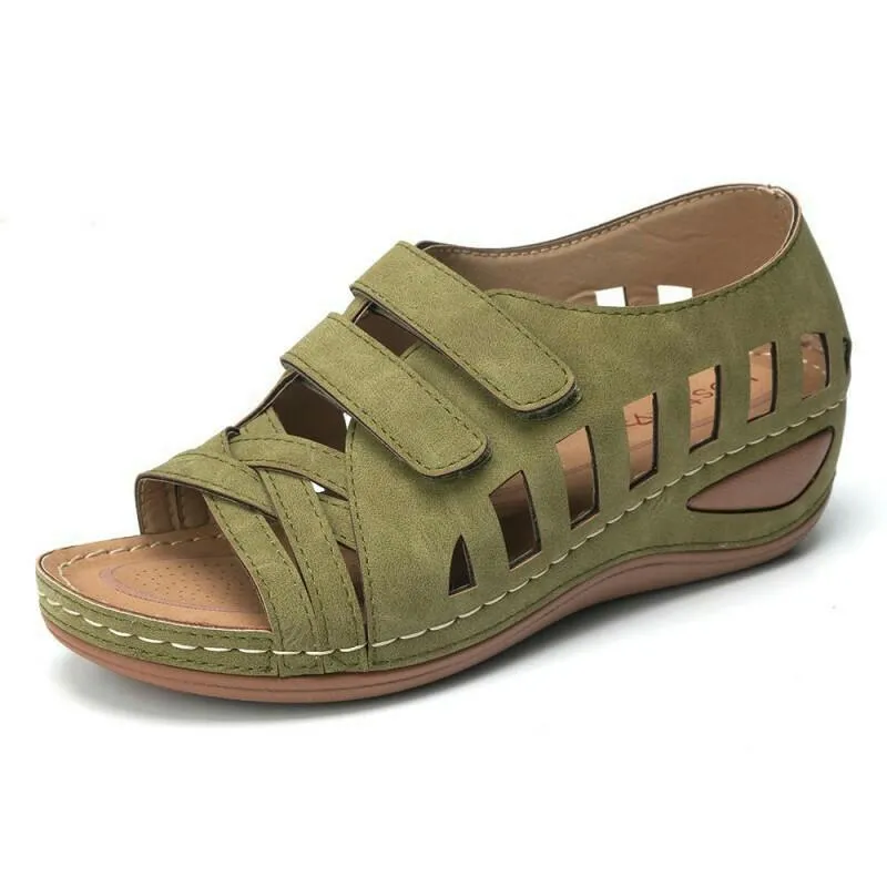 Chicvane Open Toe Hollow Hook & Loop Wedge Sandals