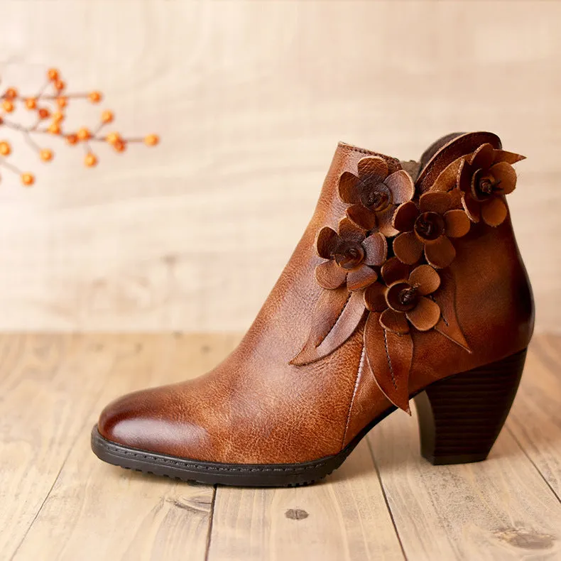 Comfy Vintage Handmade Floral Ankle Leather Boots