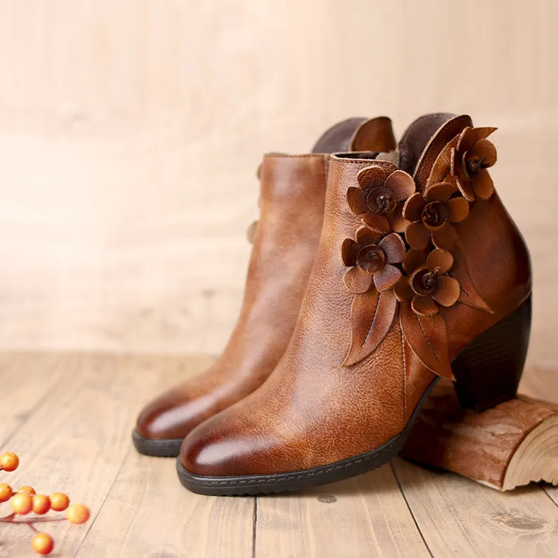 Comfy Vintage Handmade Floral Ankle Leather Boots