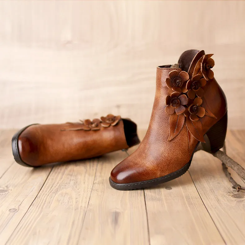 Comfy Vintage Handmade Floral Ankle Leather Boots