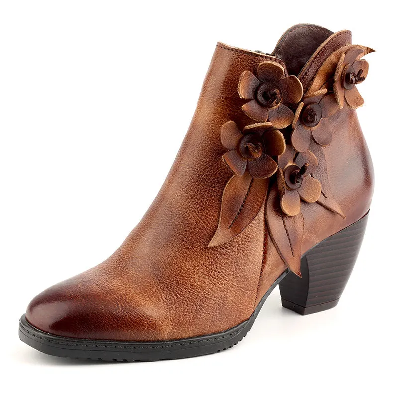 Comfy Vintage Handmade Floral Ankle Leather Boots