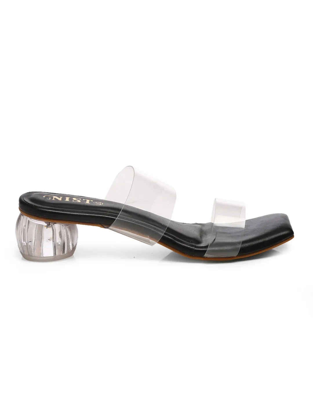 GNIST Black Twin Strap Transparent Clear Block Heels
