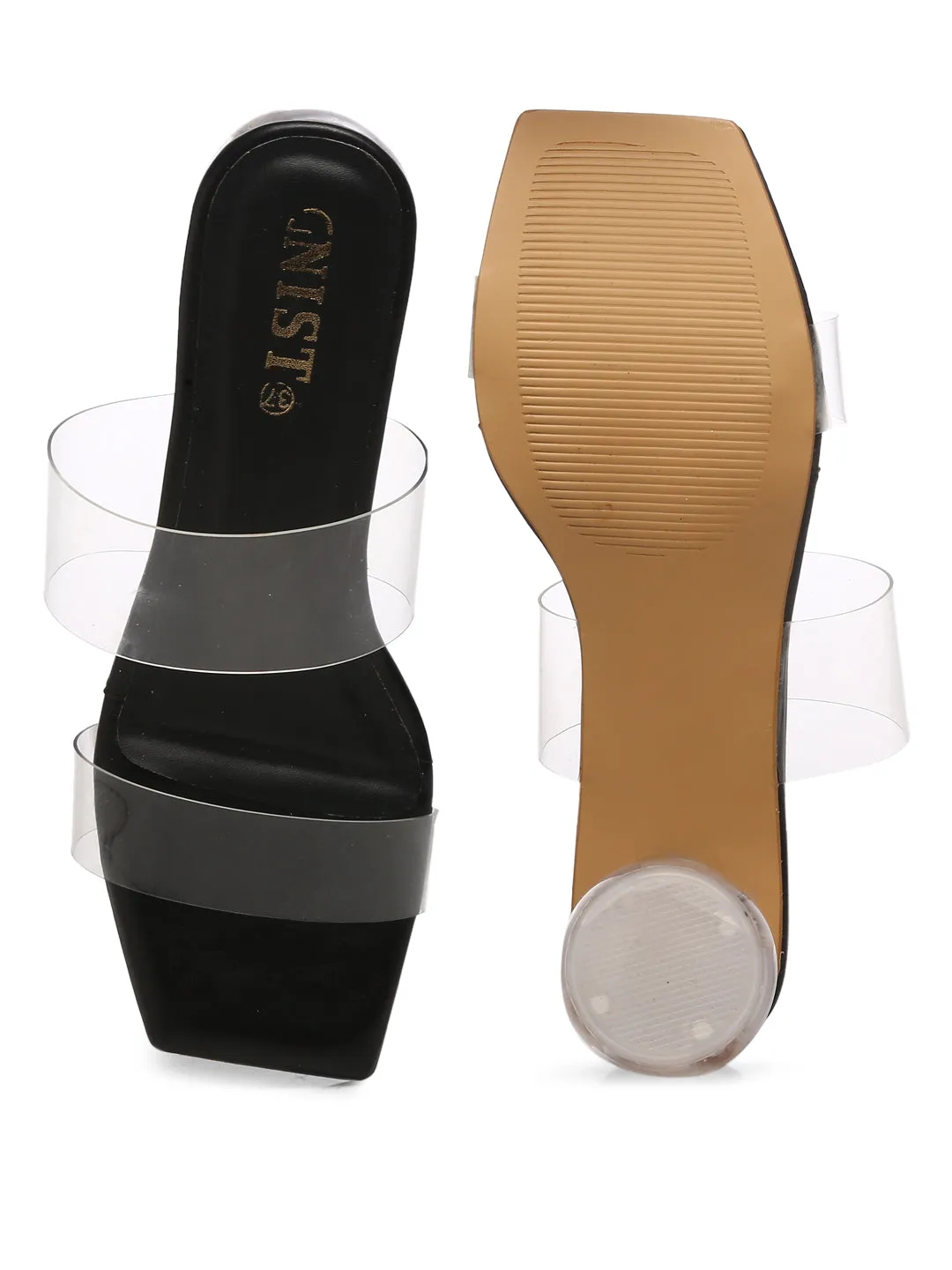 GNIST Black Twin Strap Transparent Clear Block Heels