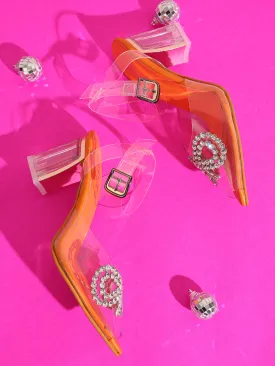 GNIST Orange Pointed Embellished Transparent Bow Heels