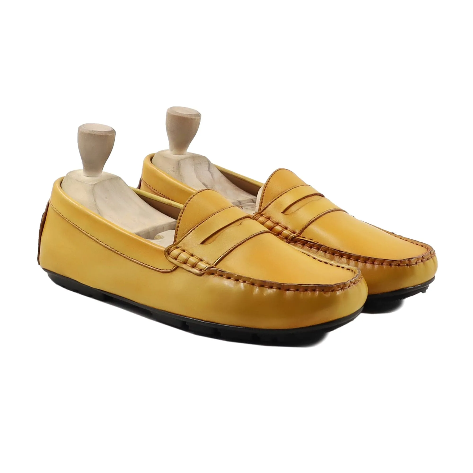 Handmade Custom Yellow Calf Leather Driver Mens Loafers