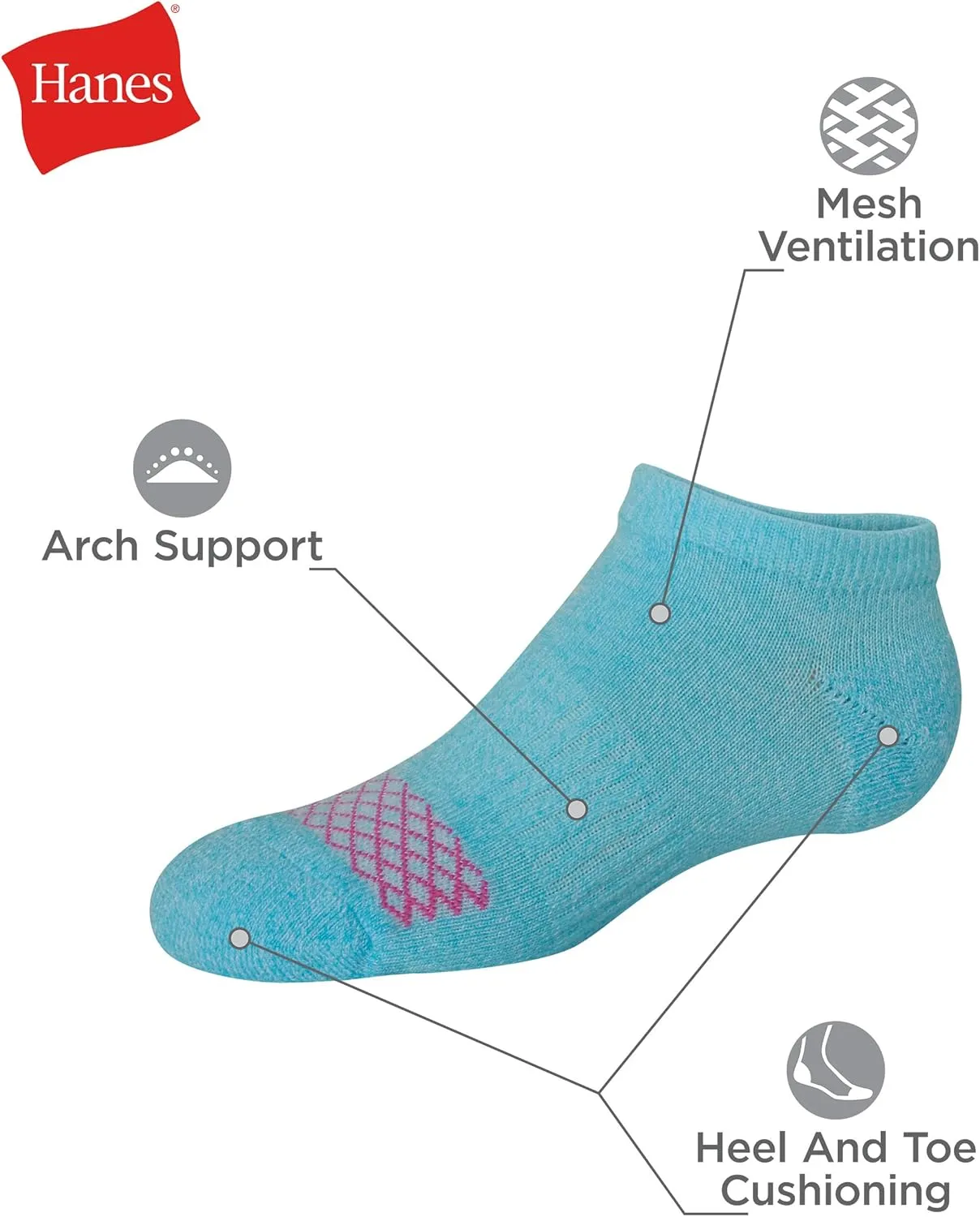 Hanes Girls' Comfort Fit Heel Shield and No Show Socks, 10-Pair Packs