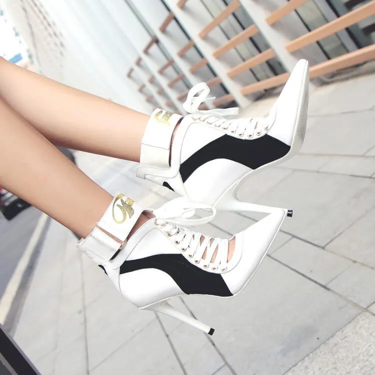 Leather Strap Pointed Toe Letter Print High Heels
