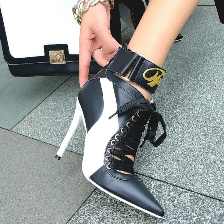 Leather Strap Pointed Toe Letter Print High Heels