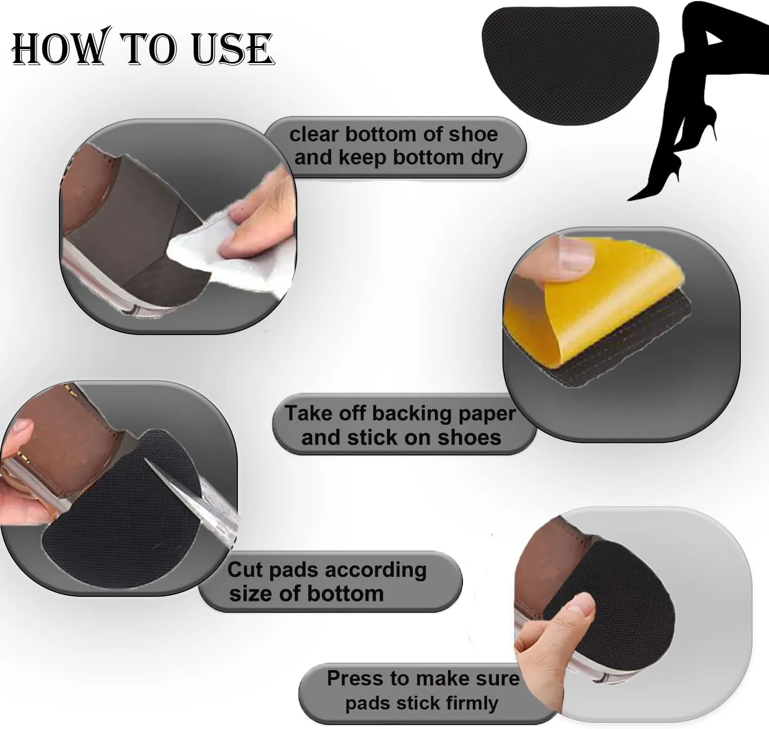 Non-Slip Shoes Pads Sole Protectors Adhesive, High Heels Anti-Slip Shoe Grips (Black 4pairs)