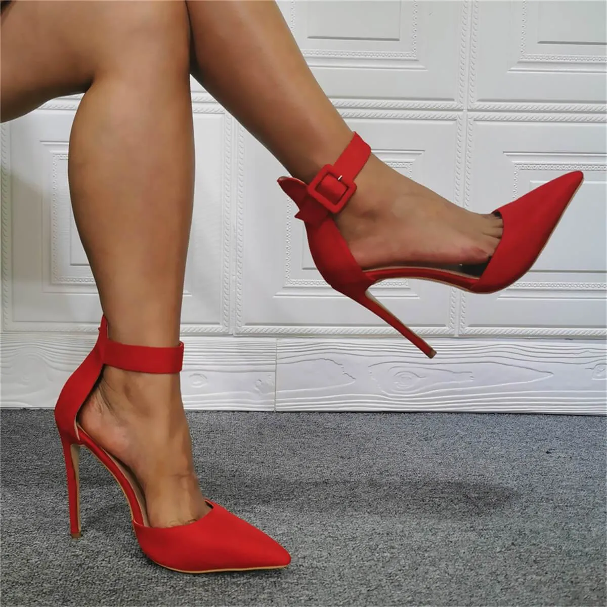 Red Suede Point Toe Ankle Buckle High Heels