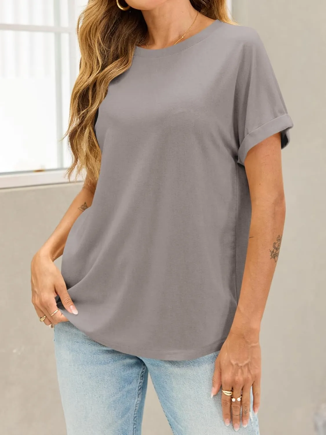 Tankaneo Womens Oversized Short Sleeve T-Shirts Summer Casual Loose Fit Tops Workout Basic Tunic Tees