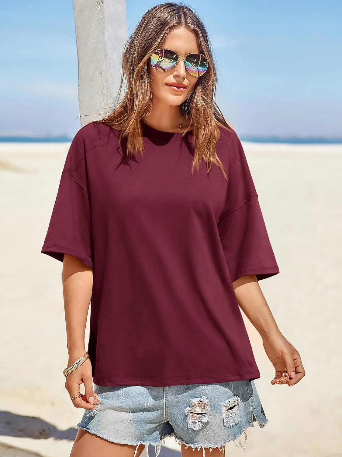 Tankaneo Womens Oversized Tshirts Summer Casual Short Sleeve Crew Neck T Shirt Loose Fit Side Slit Tee Tops