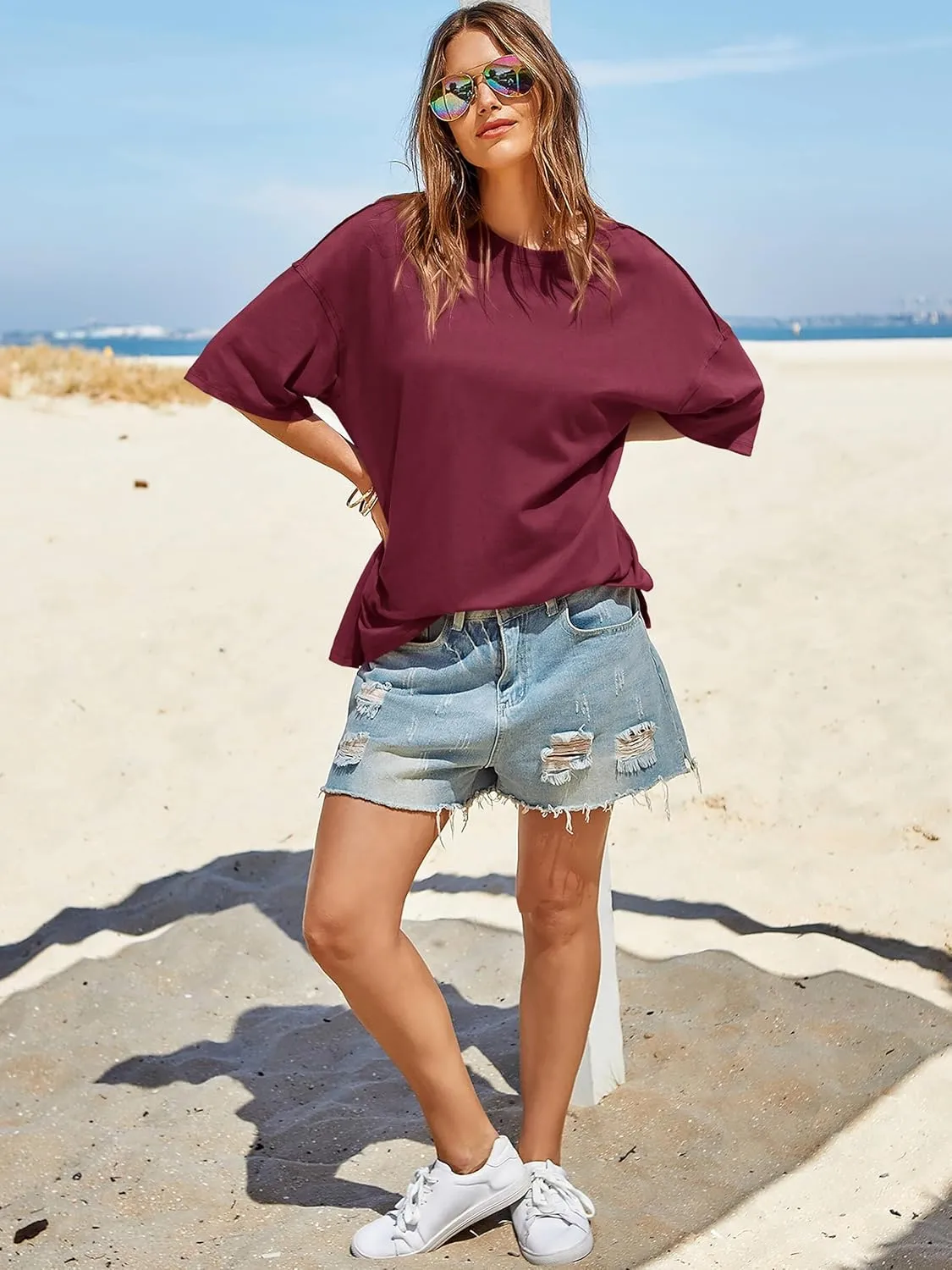 Tankaneo Womens Oversized Tshirts Summer Casual Short Sleeve Crew Neck T Shirt Loose Fit Side Slit Tee Tops