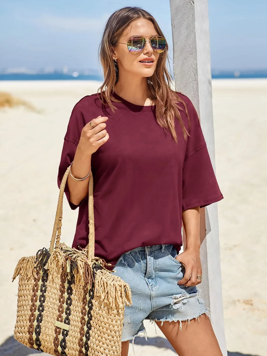 Tankaneo Womens Oversized Tshirts Summer Casual Short Sleeve Crew Neck T Shirt Loose Fit Side Slit Tee Tops