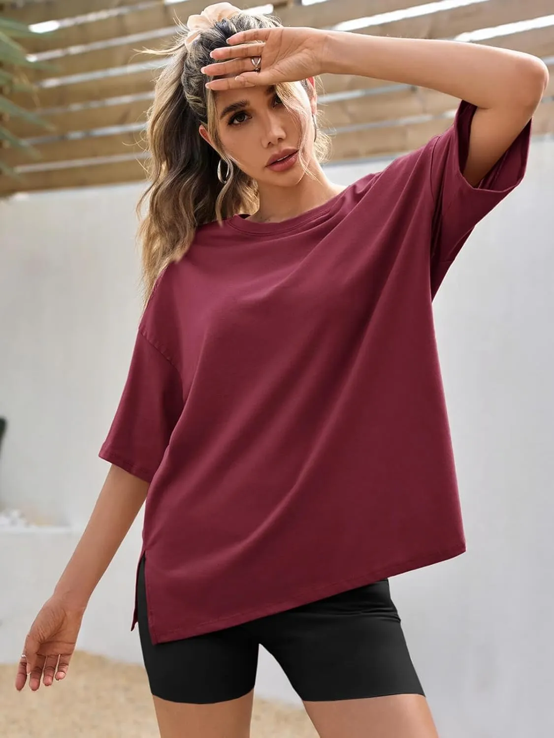 Tankaneo Womens Oversized Tshirts Summer Casual Short Sleeve Crew Neck T Shirt Loose Fit Side Slit Tee Tops