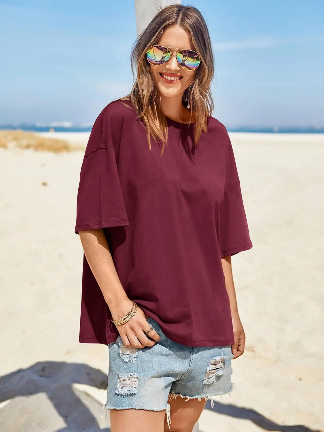 Tankaneo Womens Oversized Tshirts Summer Casual Short Sleeve Crew Neck T Shirt Loose Fit Side Slit Tee Tops