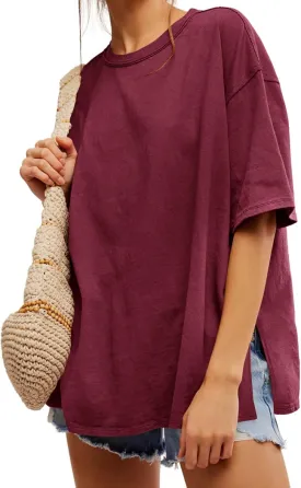 Tankaneo Womens Oversized Tshirts Summer Casual Short Sleeve Crew Neck T Shirt Loose Fit Side Slit Tee Tops