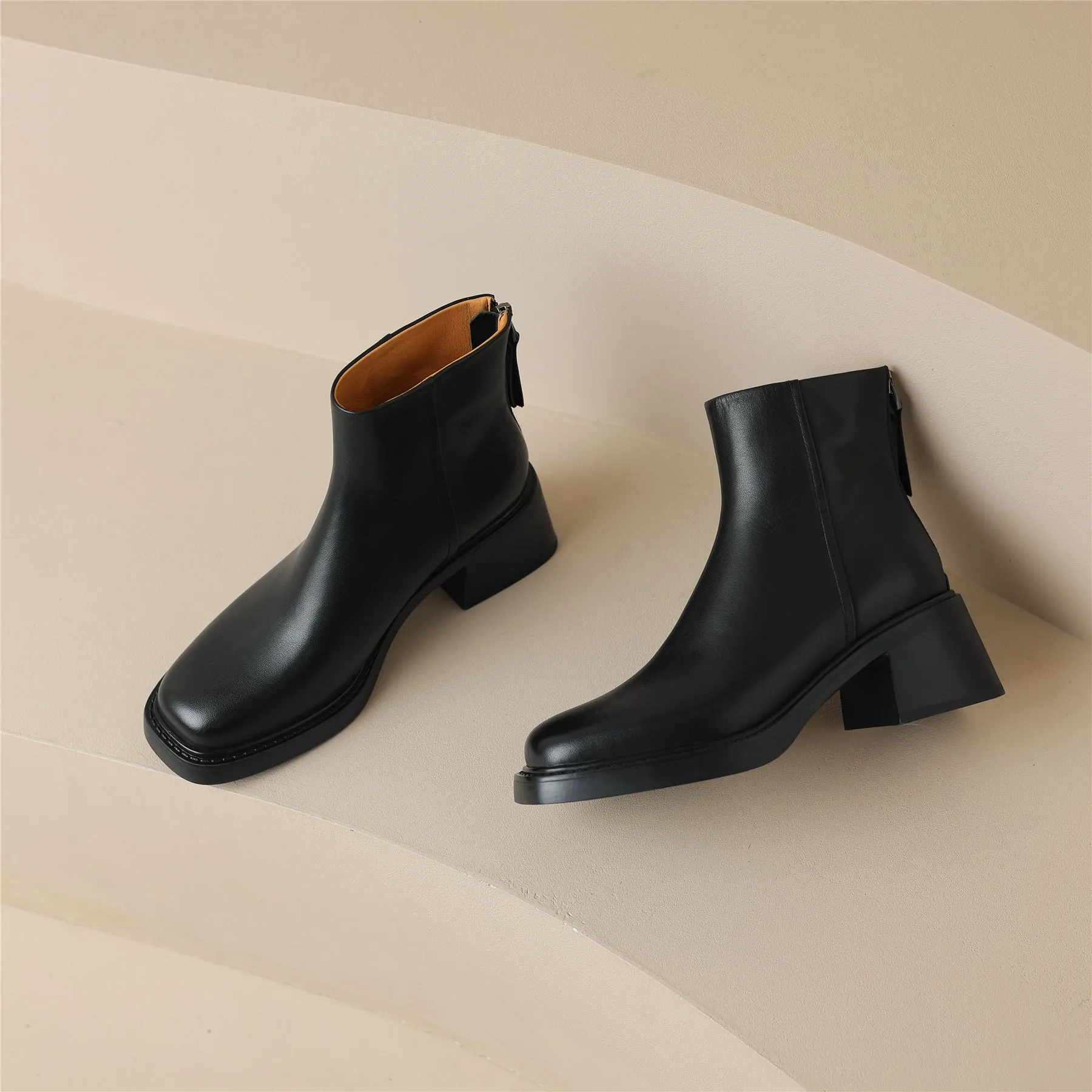 TinaCus Genuine Leather Women's Square Toe Handmade Back Zipper Ankle Boots