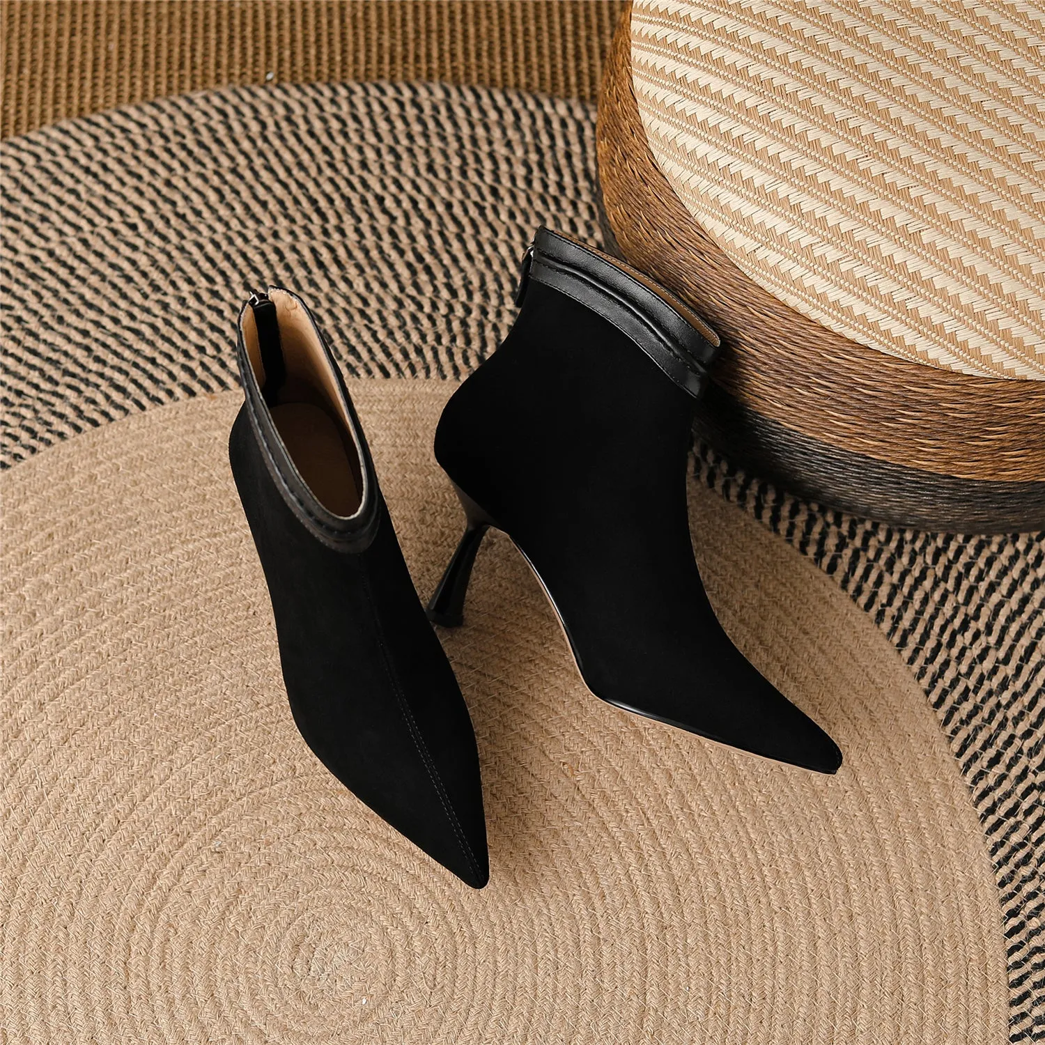 TinaCus Handmade Women's Suede Leather Slip On Pointed Toe High Kittened Heel Back Zipper Ankle Boots