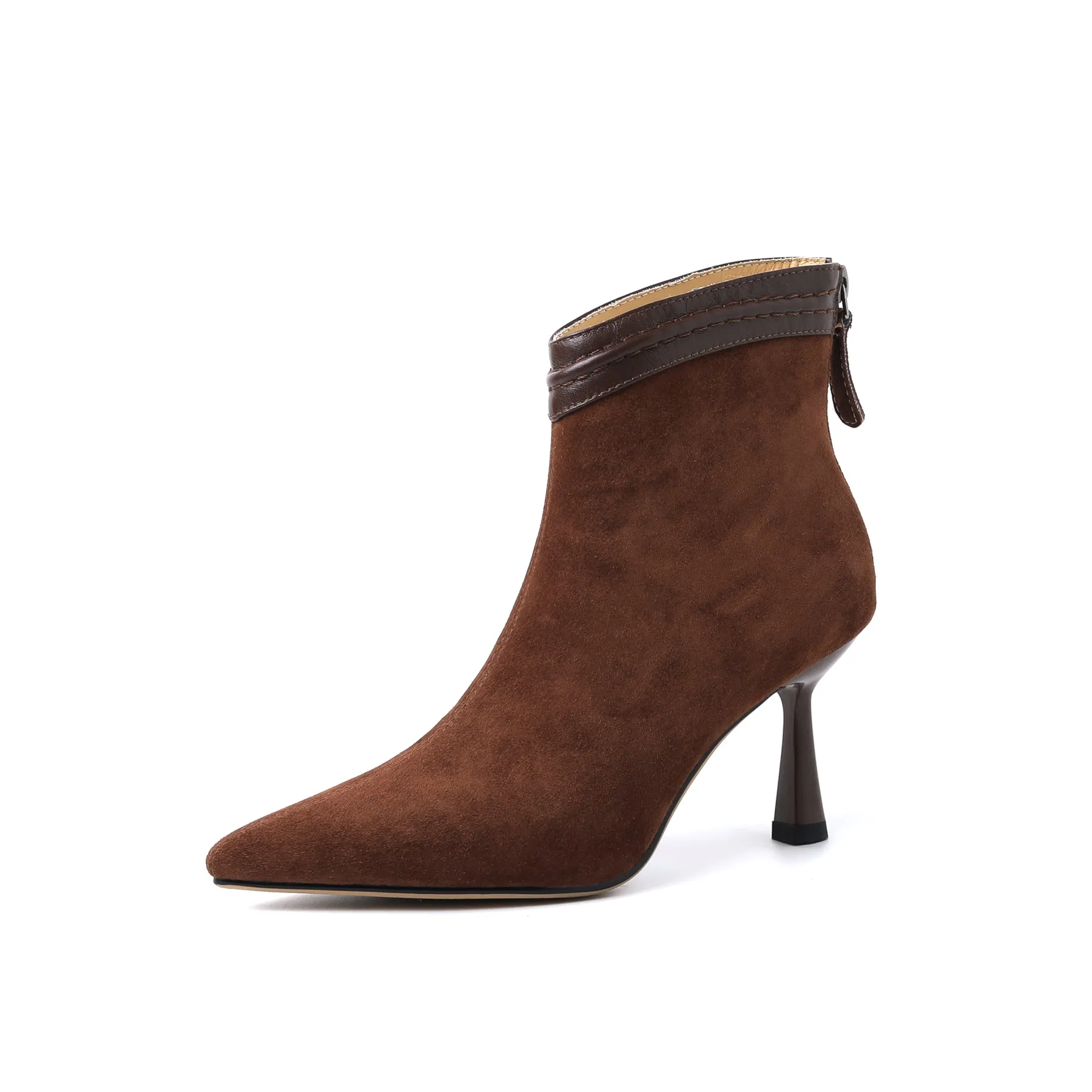 TinaCus Handmade Women's Suede Leather Slip On Pointed Toe High Kittened Heel Back Zipper Ankle Boots