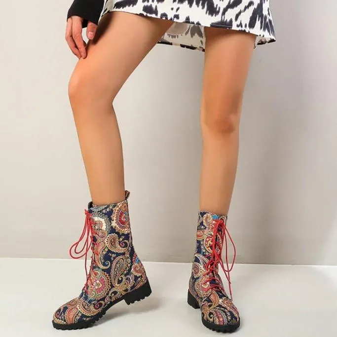 Women short chunky heel flowers embroidered lace up boots