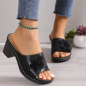 Women's High Heel Chunky Peep Toe Sandals with Floral Accents 32814881C