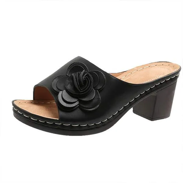Women's High Heel Chunky Peep Toe Sandals with Floral Accents 32814881C