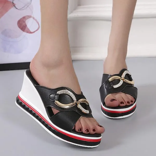 Women's Metal Chain Rhinestone Wedge Slippers 58105003S