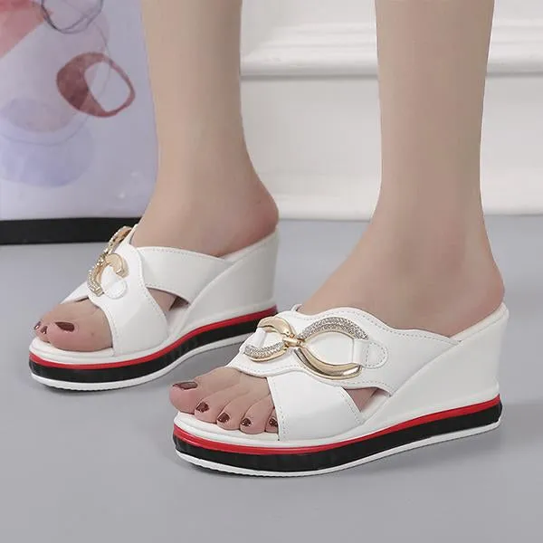 Women's Metal Chain Rhinestone Wedge Slippers 58105003S