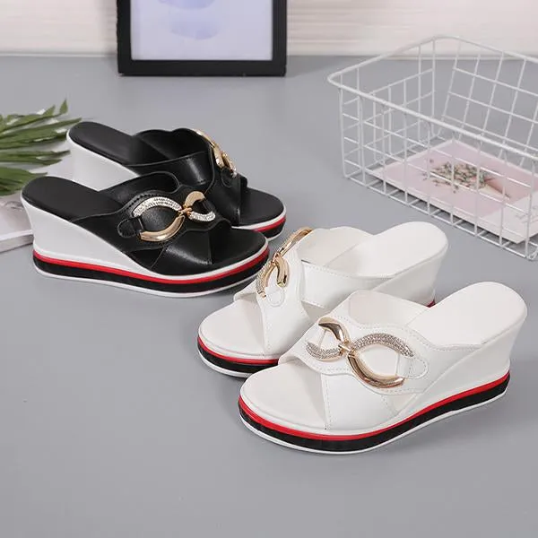 Women's Metal Chain Rhinestone Wedge Slippers 58105003S