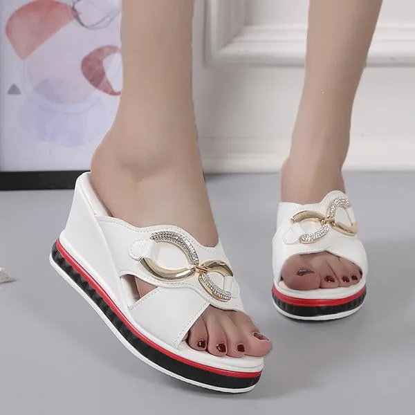 Women's Metal Chain Rhinestone Wedge Slippers 58105003S
