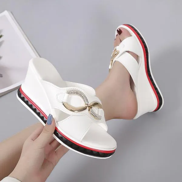 Women's Metal Chain Rhinestone Wedge Slippers 58105003S