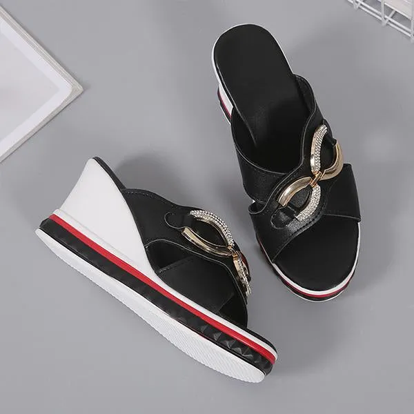 Women's Metal Chain Rhinestone Wedge Slippers 58105003S