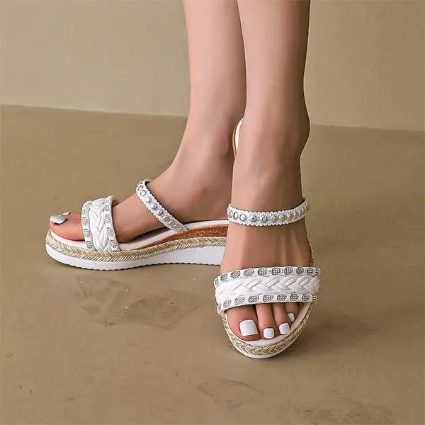Women's Peep Toe Wedge Sandals with Studs and Platform Sole 57480468C