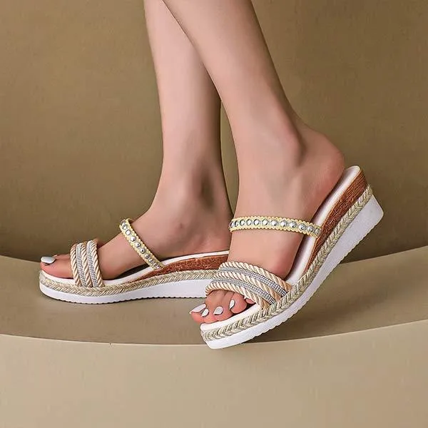 Women's Peep Toe Wedge Sandals with Studs and Platform Sole 57480468C