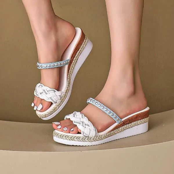 Women's Peep Toe Wedge Sandals with Studs and Platform Sole 57480468C