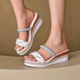 Women's Peep Toe Wedge Sandals with Studs and Platform Sole 57480468C