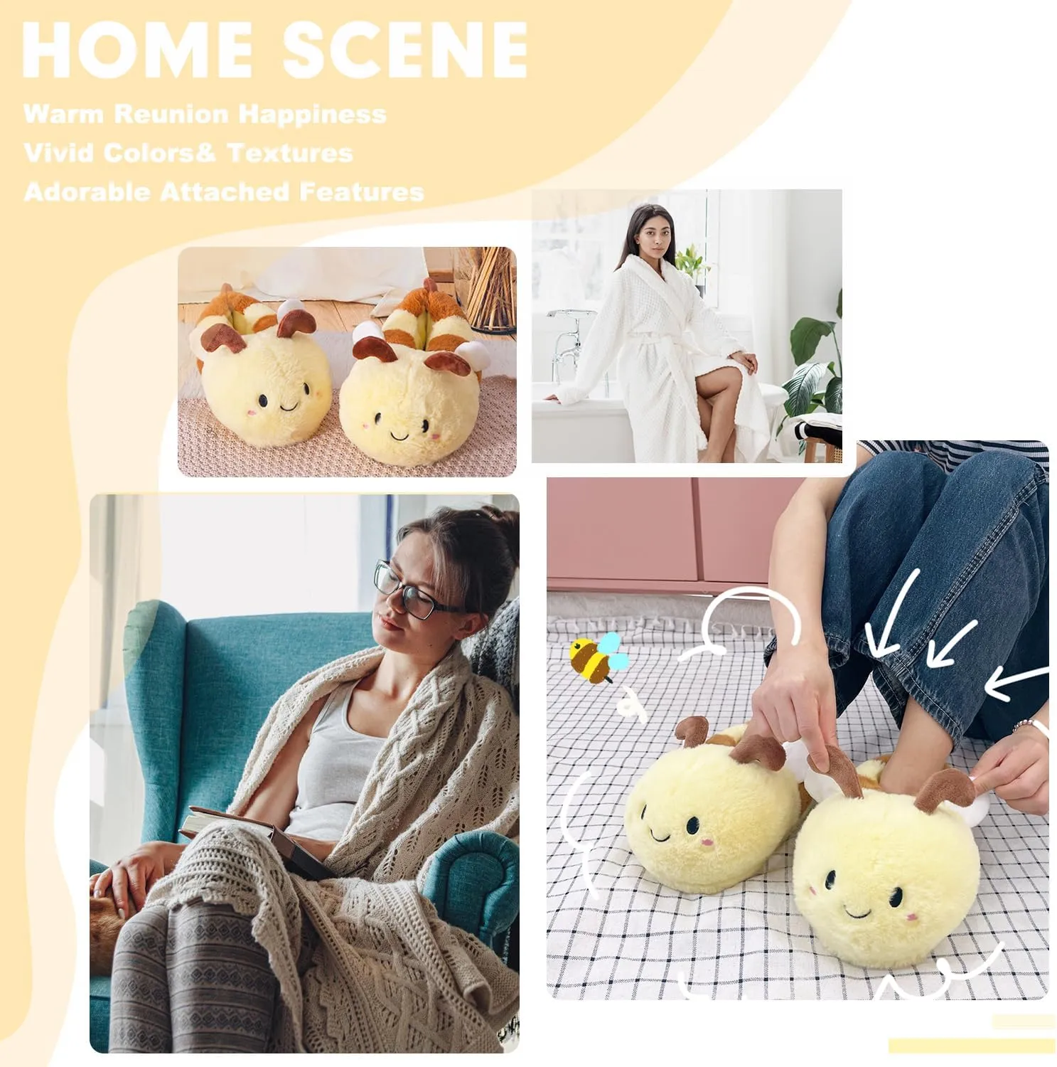 Women's Slippers Cute Bee Animal Slippers Funny Slippers Novelty Cozy Bumblebee Slippers Fuzzy Slippers Soft Winter Warm Slippers House Shoes